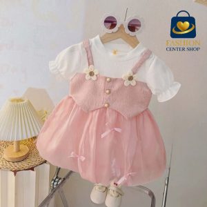 18-24 Months Baby Girls Pink Princess Frock Set – Knitted Fabric & Shiny Silk (XXL)