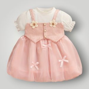 18-24 Months Baby Girls Pink Princess Frock Set – Knitted Fabric & Shiny Silk (XXL)