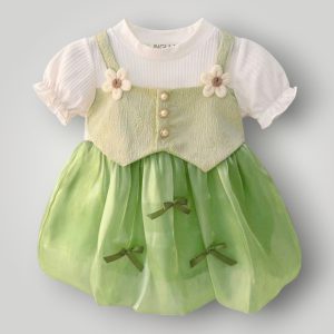 10-12 Months Baby Girls Elegant Green Princess Frock Set – Knitted Fabric & Shiny Silk (XL)